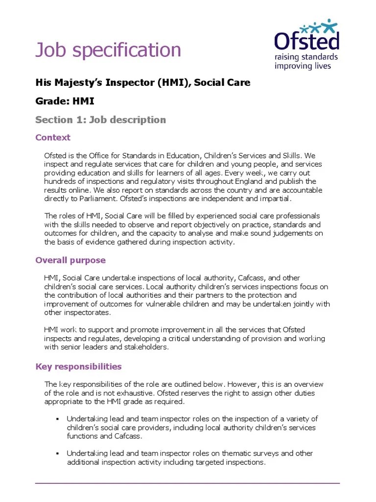 Job Specification His Majesty's Inspector (HMI), Social Care Grade