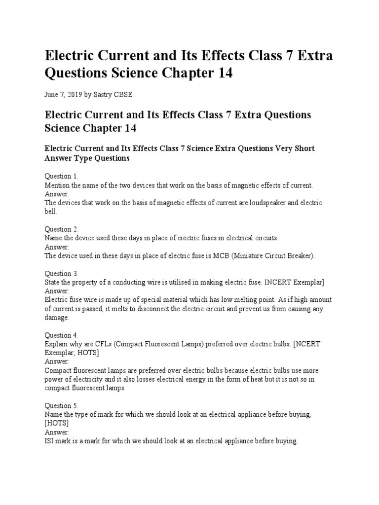 Electric Current and Its Effects Class 7 Extra Questions Science