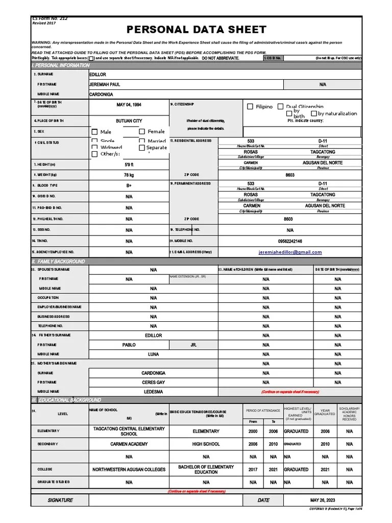 CS Form No. 212 Personal Data Sheet Revised PDF