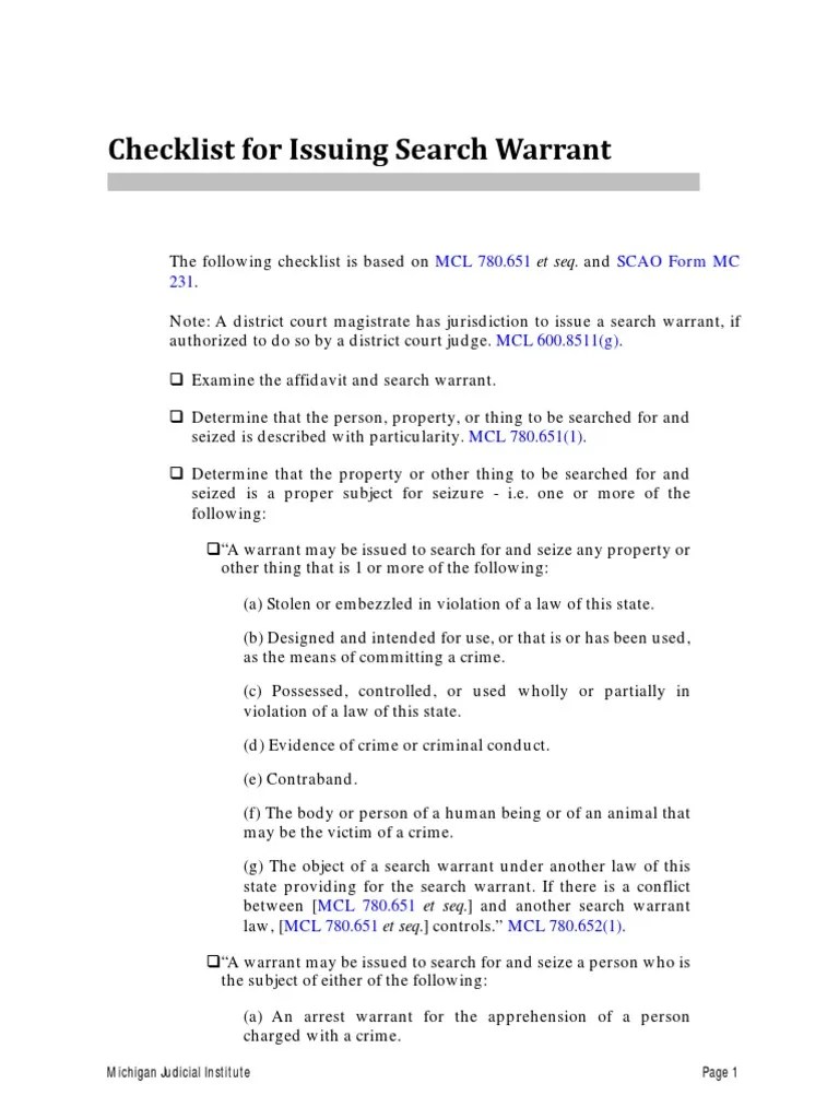 Issuing Search Warrant Checklist PDF Search Warrant Affidavit