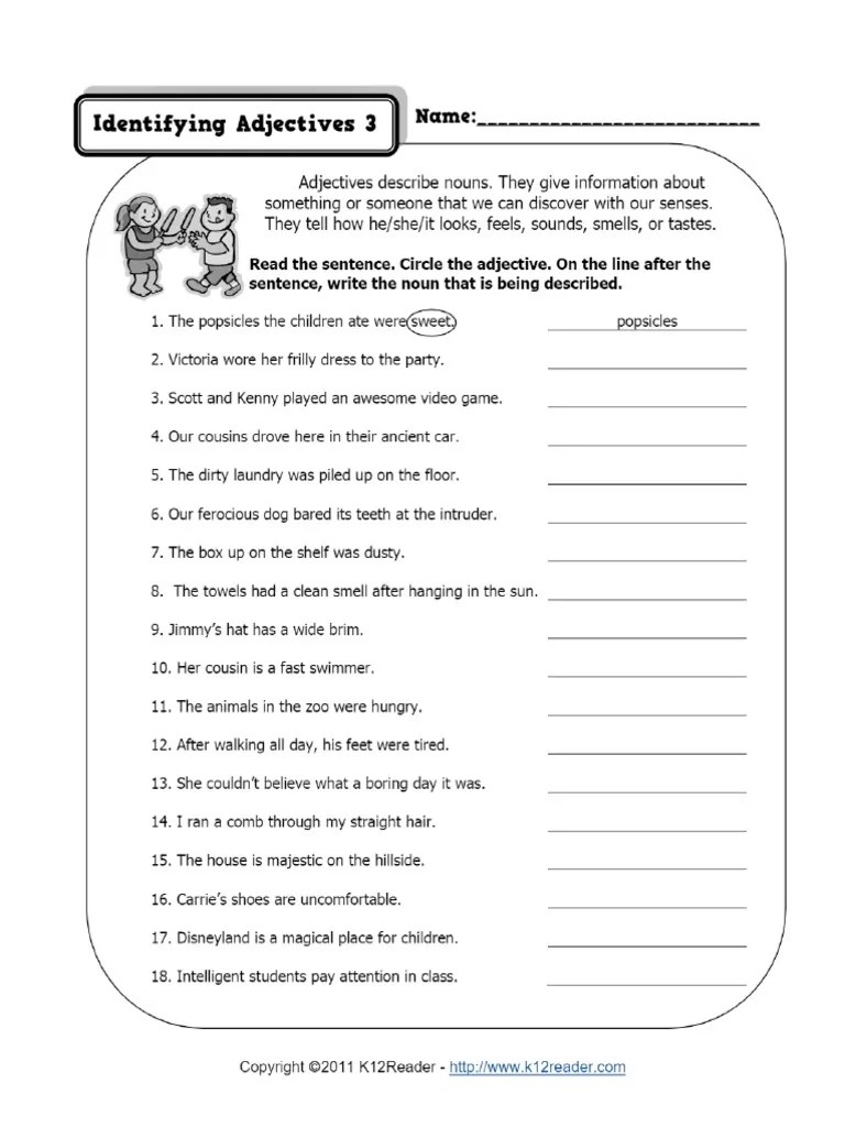 Identifying Adjectives 3 3rd Grade Adjective Worksheets PDF