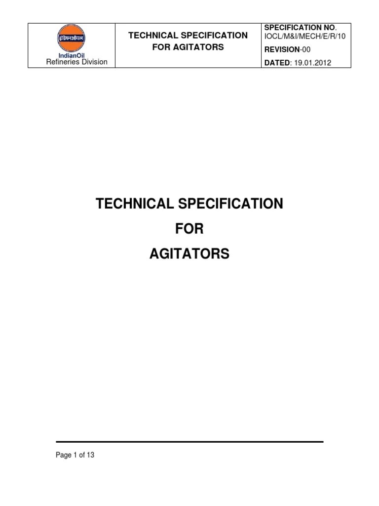 Technical Specification For Agitators PDF Specification (Technical