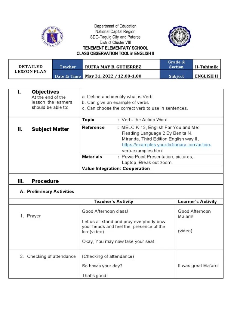 Cot 2 Detailed Lesson Plan in English PDF English Language Lesson