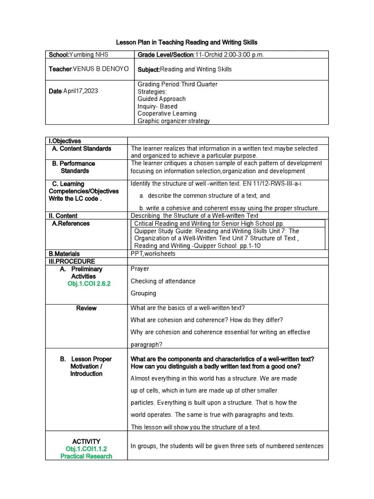 ALesson Plan in Teaching Reading and Writing Skills PDF Lesson Plan