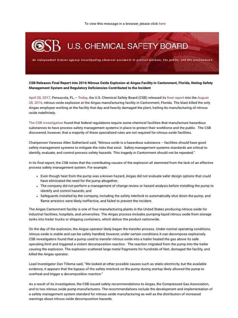 CSB Releases Final Report Into 2016 Nitrous Oxide Explosion PDF