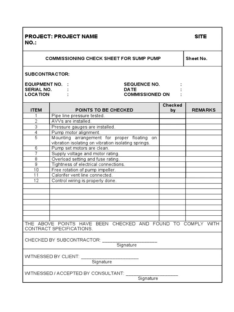 Commissioning Check Sheet For Sump Pump PDF