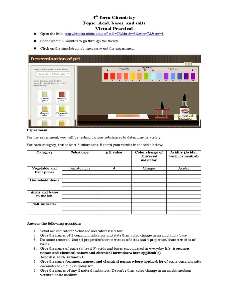 Acids, Bases and Indicators Virtual Practial Activity PDF