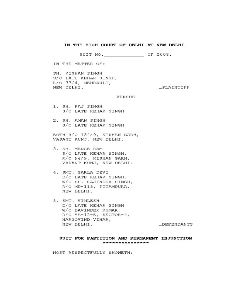 Suit For Partition and Permanent Injunction PDF