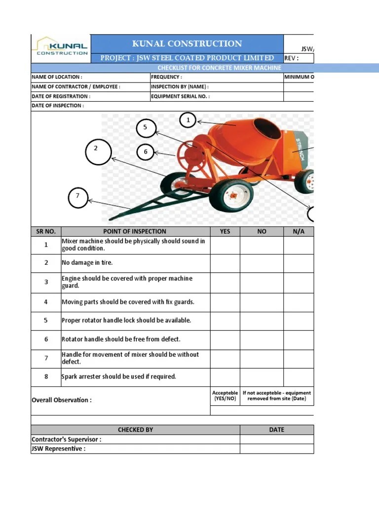 Concret Mixer machine Checklist PDF