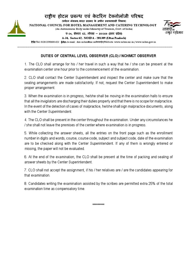 Instructions To Central Level Observer CLO or NCHMCT Observer During