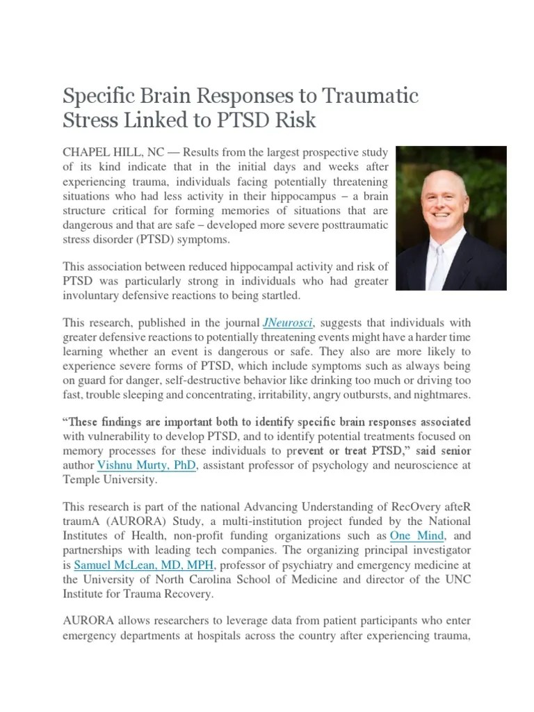 Specific Brain Responses To Traumatic Stress Linked To PTSD Risk PDF