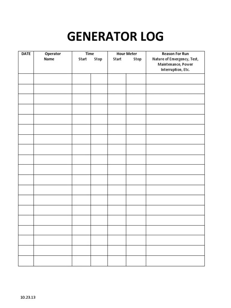 Generator Log Sheet Template50758 PDF