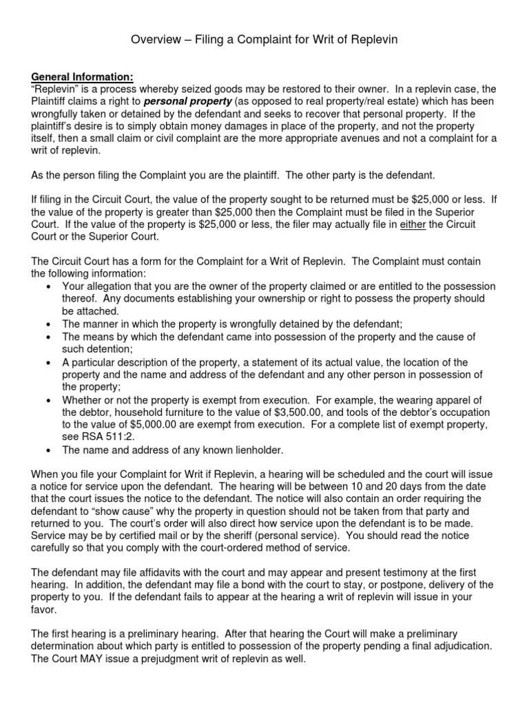 Filing Complaint For Writ of Replevin PDF Complaint Virginia