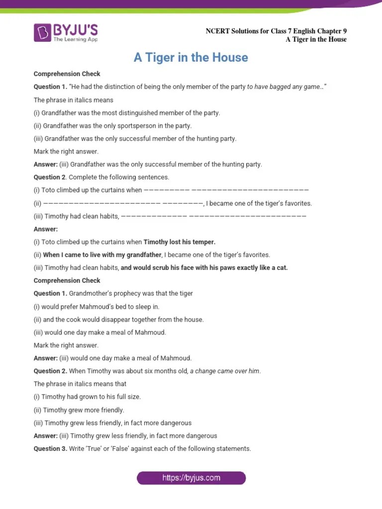 NCERT Solutions For Class 7 English Supplementary Chapter 9 A Tiger in