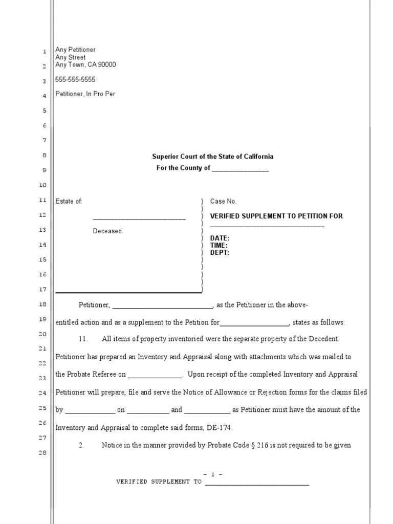 Sample Verified Supplement for California Probate