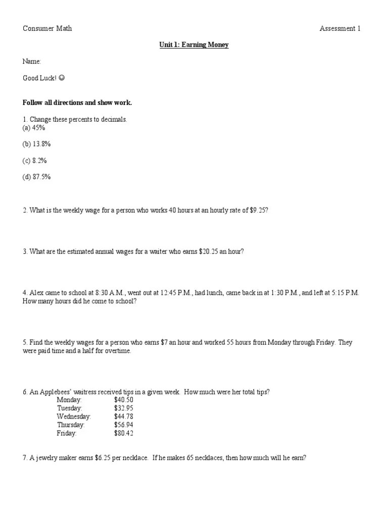 Consumer Math Test 1 PDF