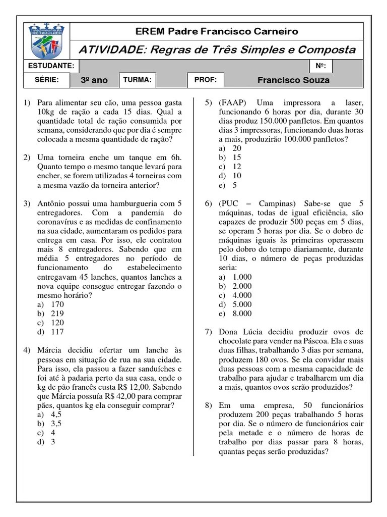 Atividade Regras de Três 3ºs Anos PDF