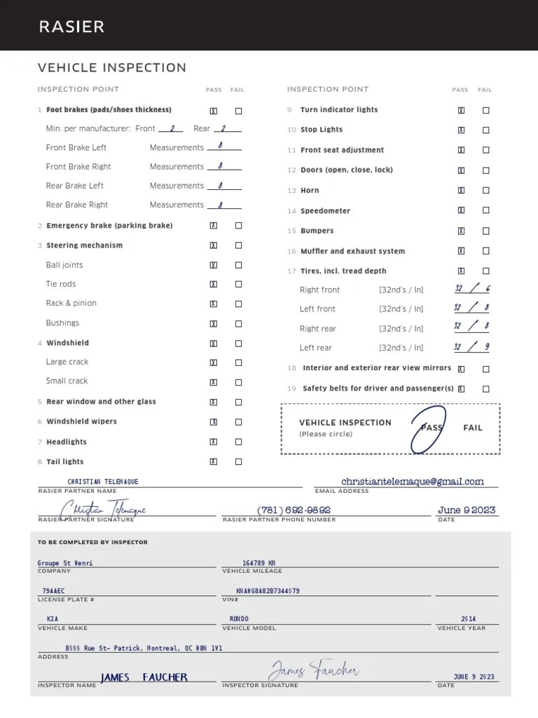 Uber Vehicle Inspection Checklist PDF Brake Vehicles