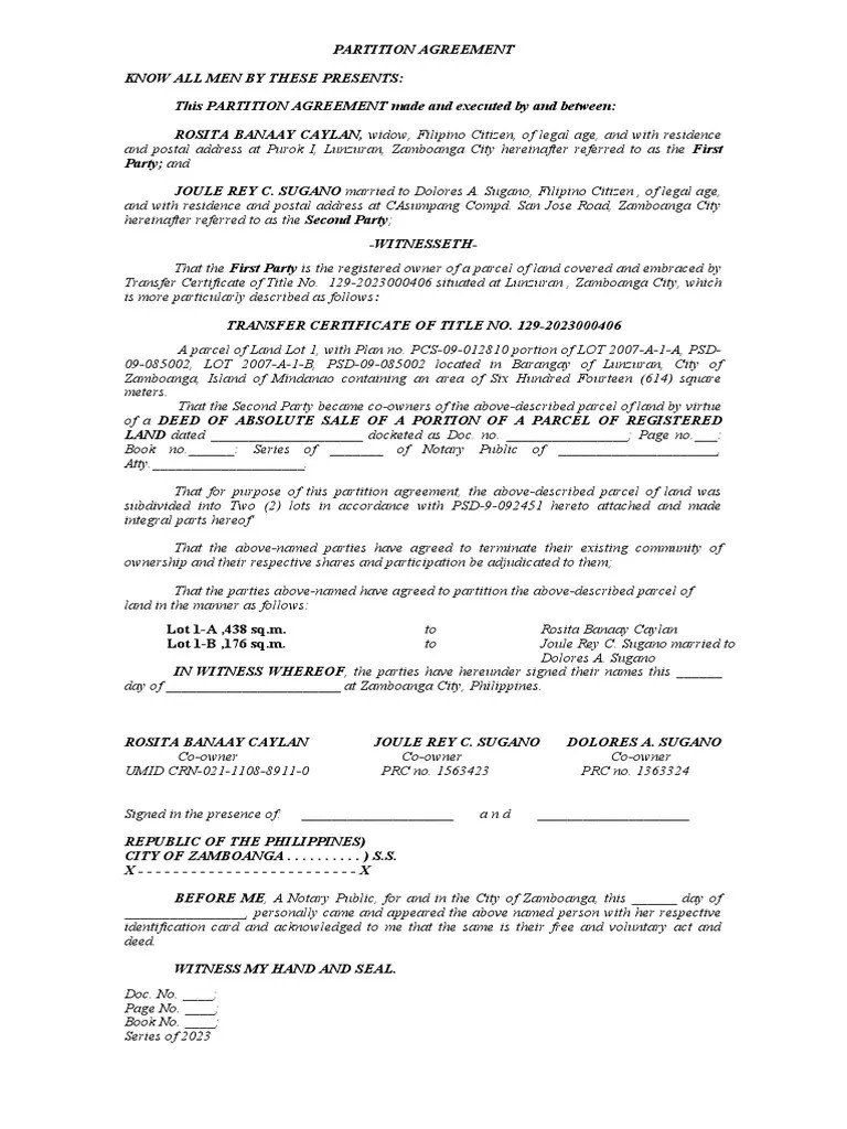 PARTITION AGREEMENTsugano PDF Land Law Common Law