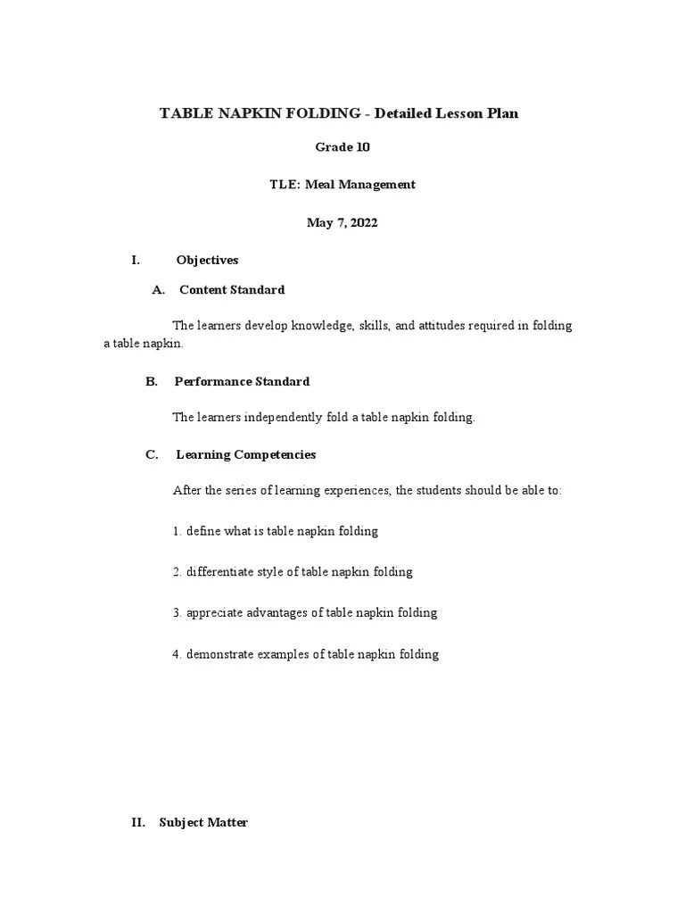Table Napkin Folding PDF Learning Lesson Plan