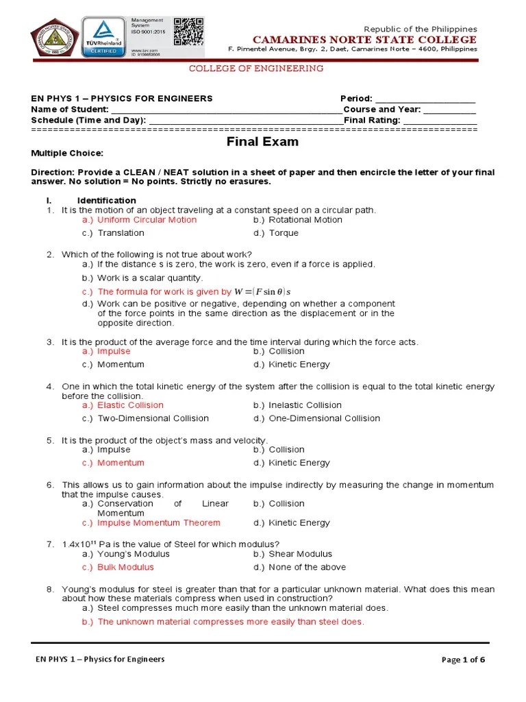 Final Exam ANSWERKEY | PDF | Rotation Around A Fixed Axis | Collision