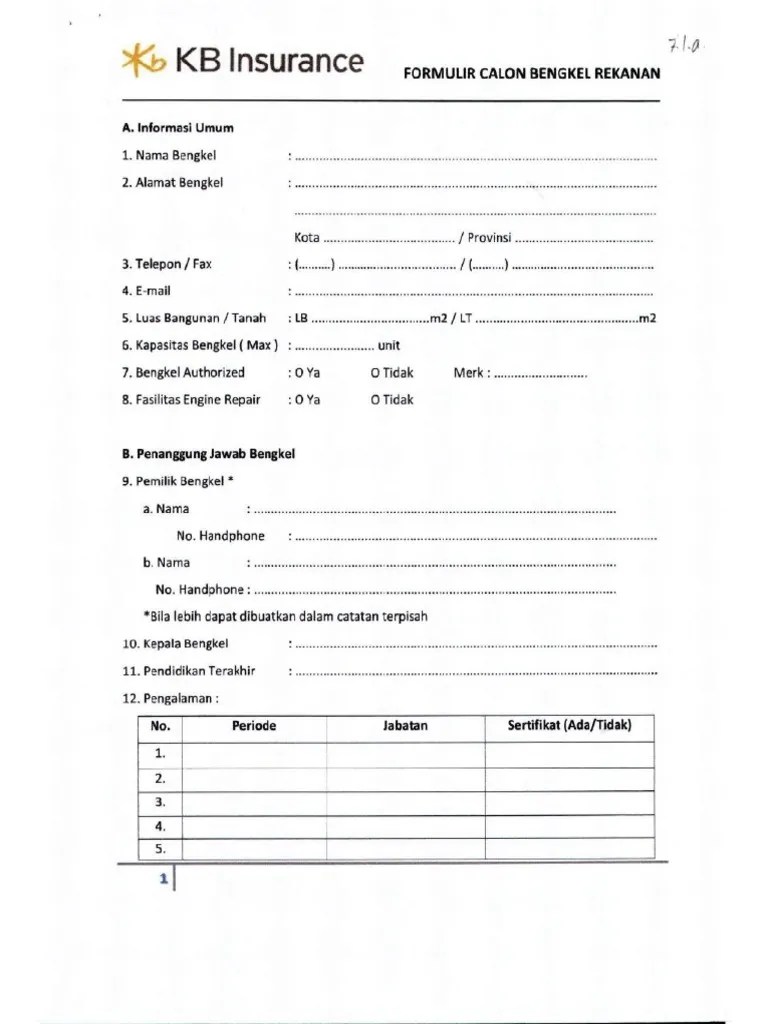 Form Calon Bengkel Rekanan KB Insurance PDF