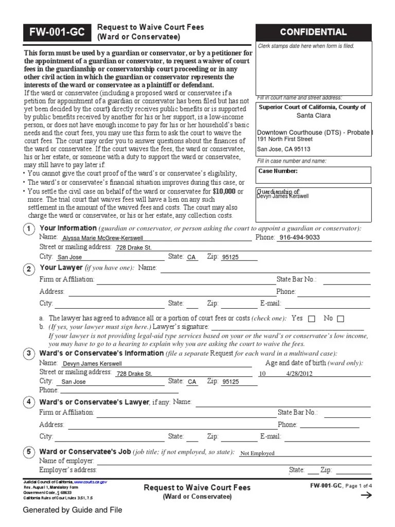 FW001GC Fee Waiver Request Child 1 PDF Conservatorship Legal