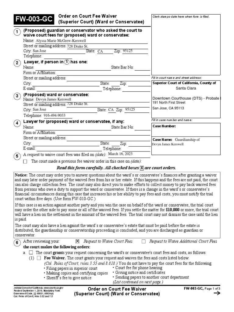 FW003GC Fee Waiver Order Child 1 PDF Conservatorship Legal