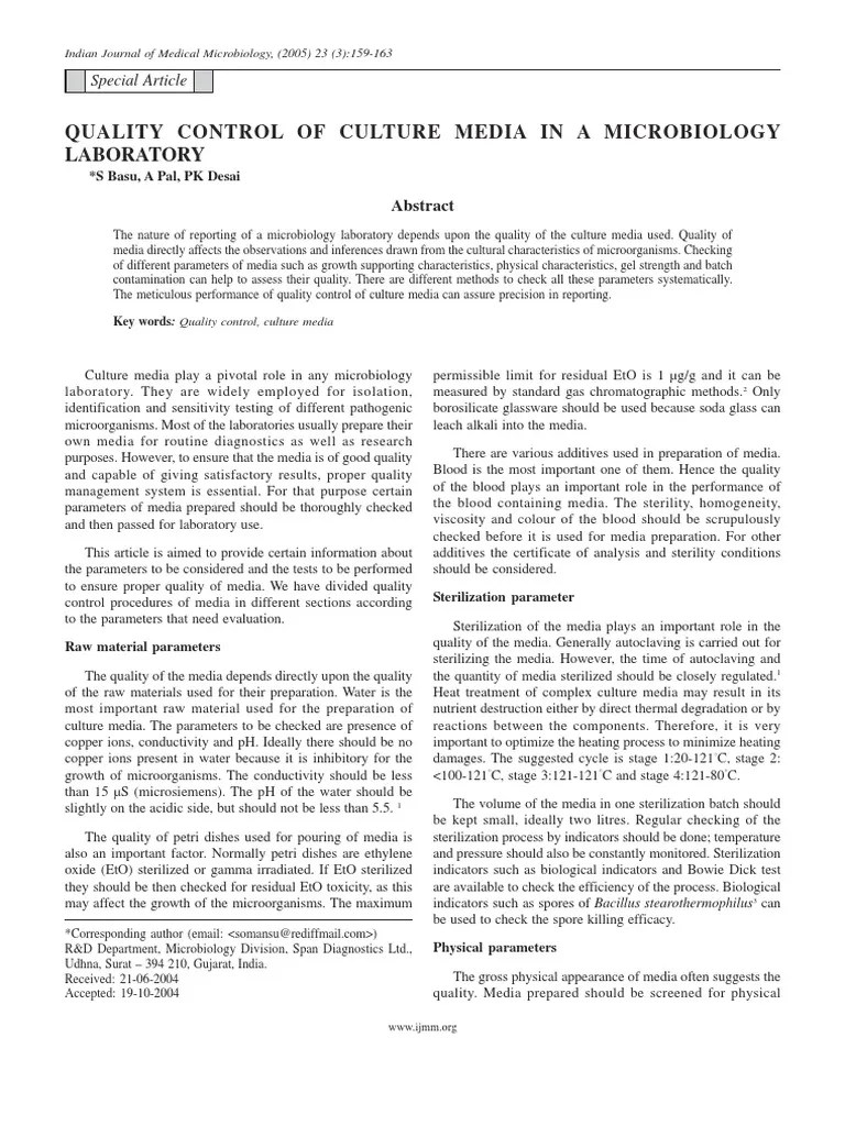 Quality Control of Culture Media in A Microbiology Laboratory. S Basu