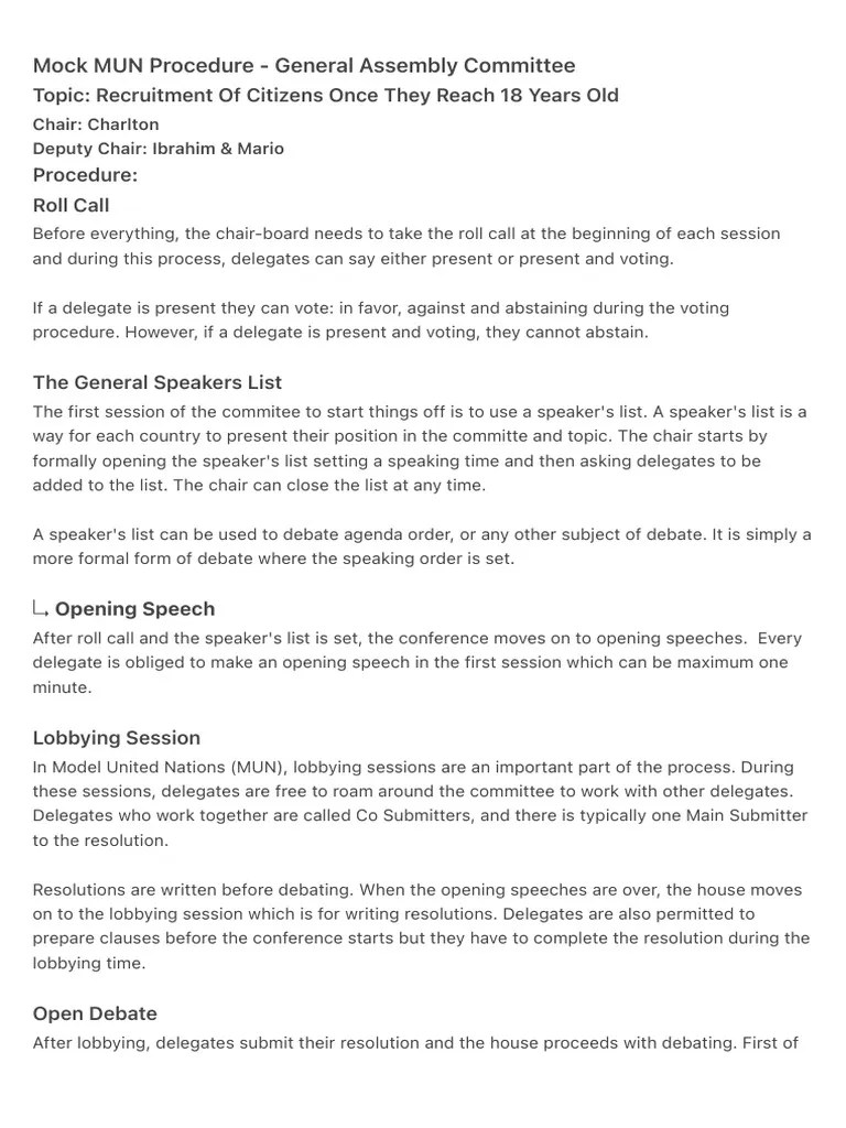 Mock MUN Procedure General Assembly Committee PDF
