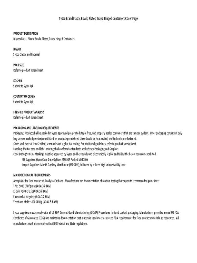 Sysco Brand Master Specifications Plastic Containers RFP1 PDF
