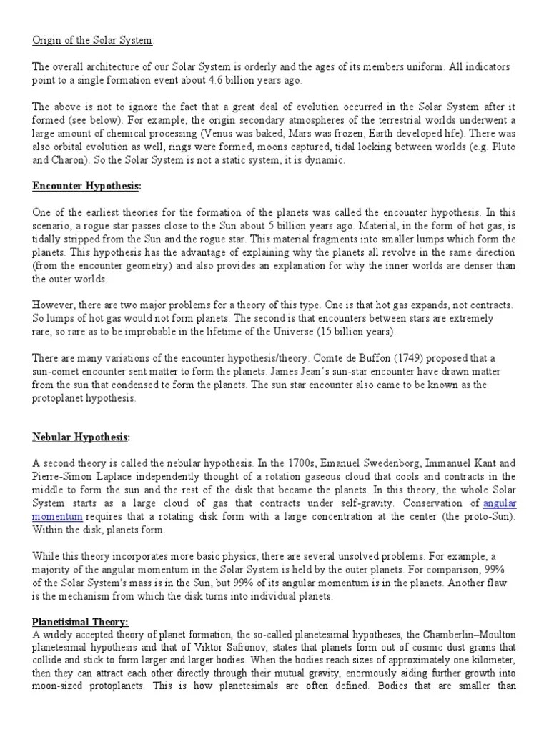 Origin of The Solar System Handout | PDF | Formation And Evolution Of