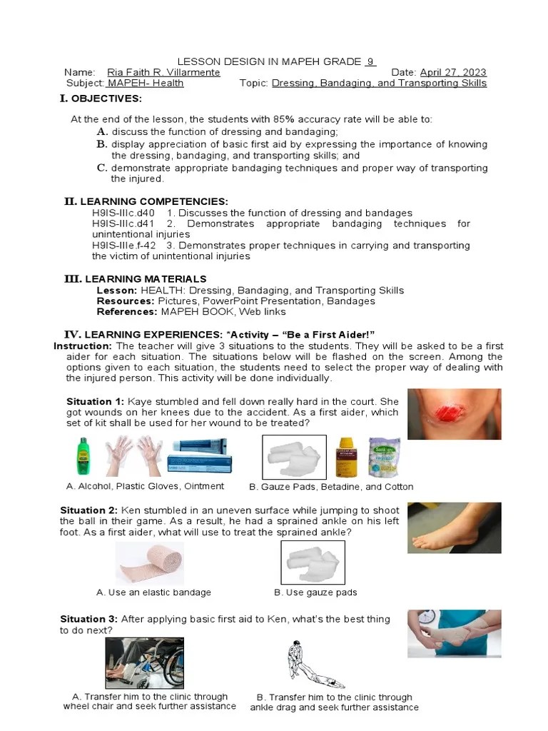 Grade 9HealthDressing, Bandaging, and Transporting Skills PDF