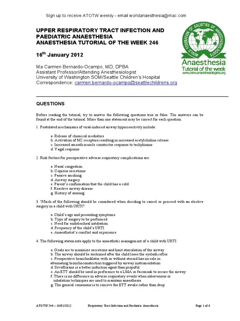 URTI and Anaesthesia PDF Anesthesia Respiratory Tract