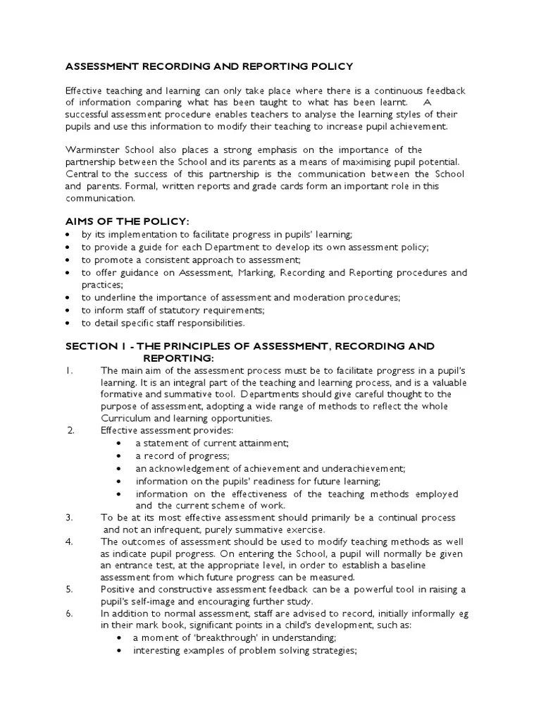 Assessment Recording and Reporting PDF Educational Assessment