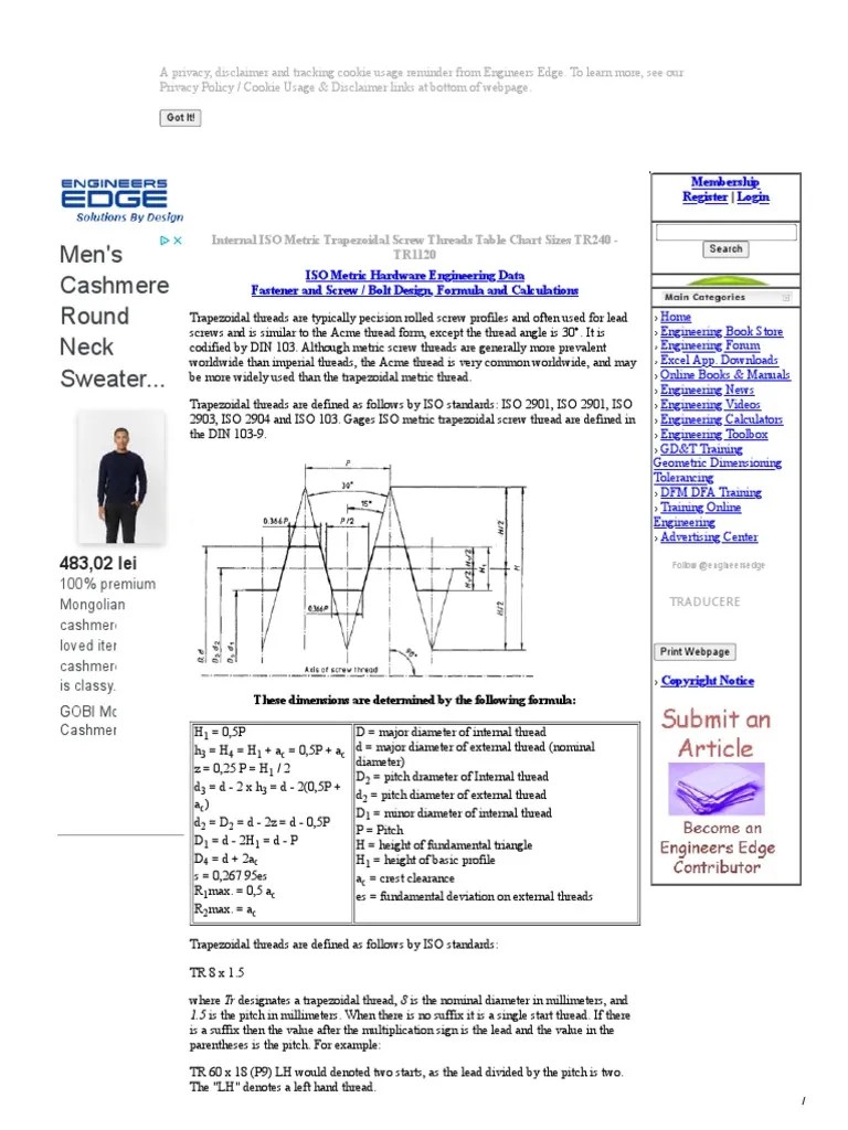 Formulas & Internal ISO Metric Trapezoidal Screw Threads Table Chart