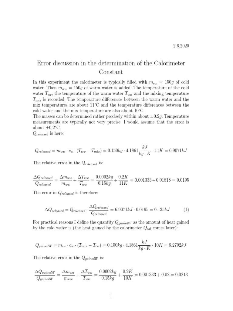 Error calorimeter constant PDF Temperature Heat