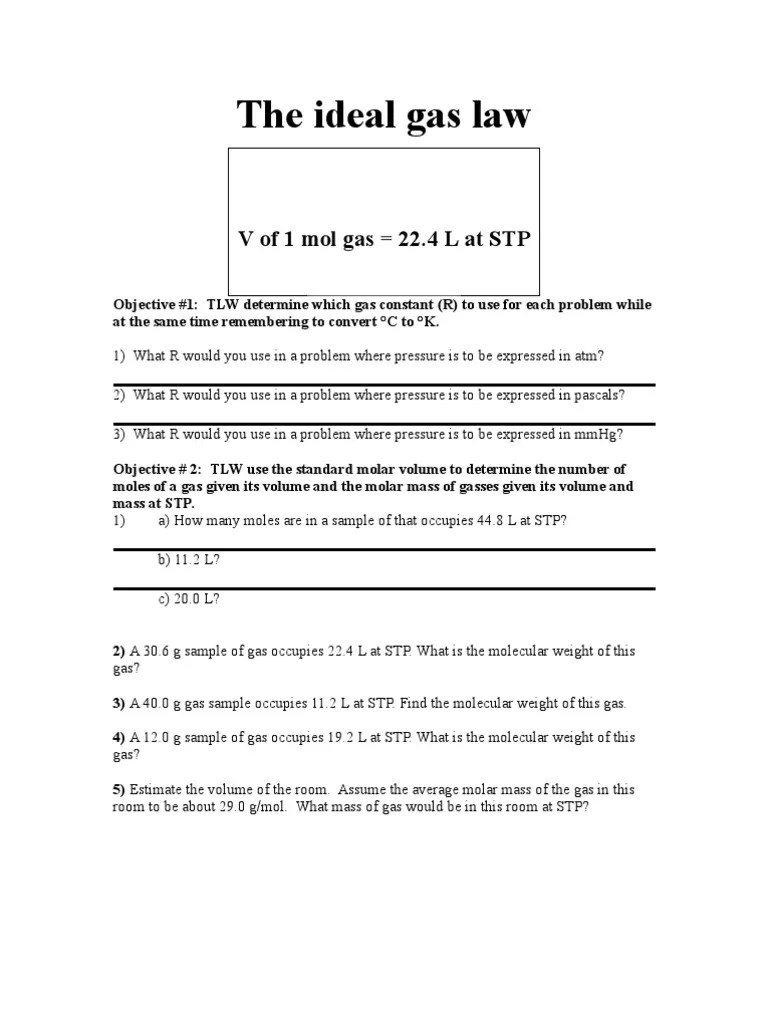 Ideal Gas Law Worksheet