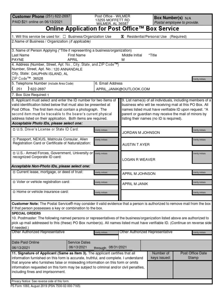 Online Application For Post Office™ Box Service Customer Phone Box