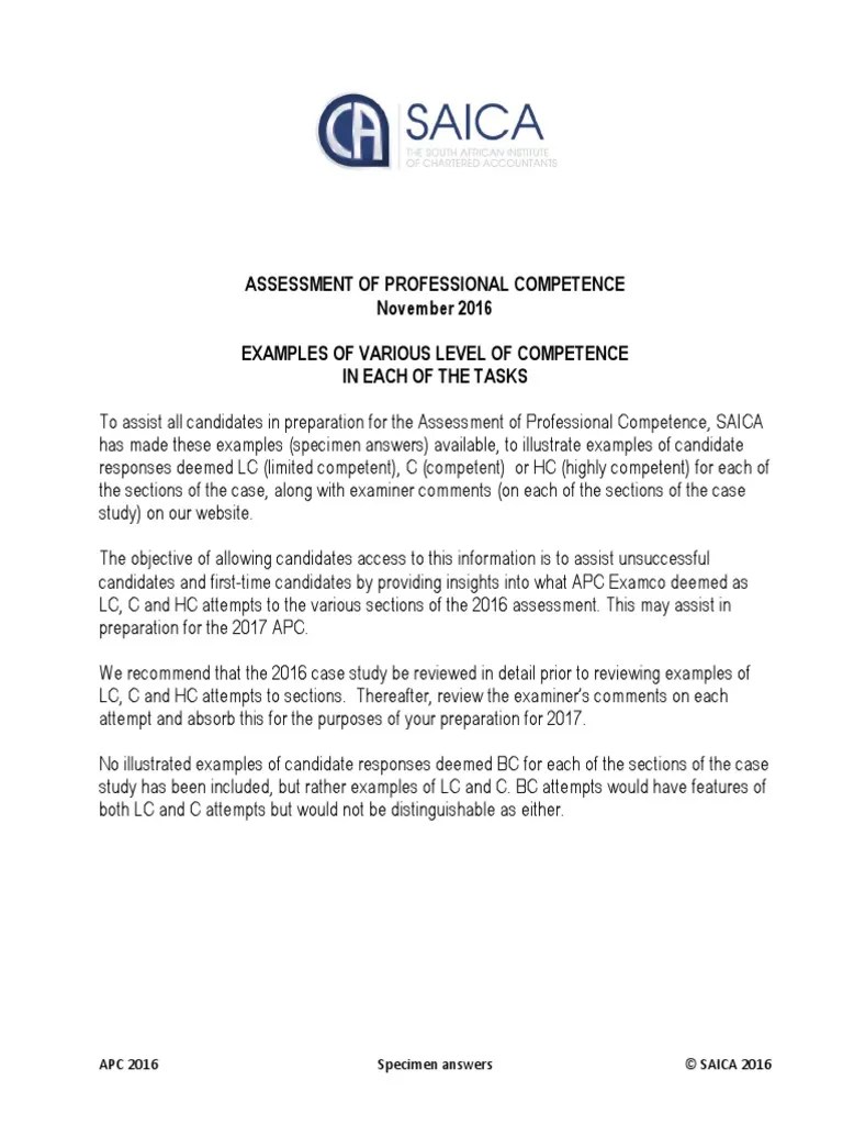 APC November 2016 Specimen Examples of Answers PDF Internal Audit