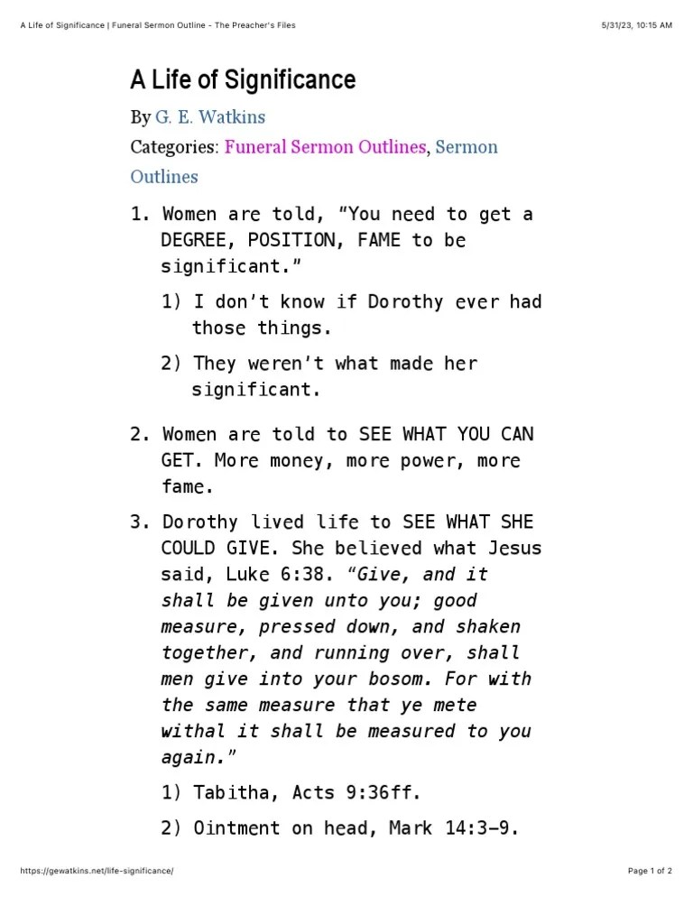 A Life of Significance Funeral Sermon Outline The Preacher's Files