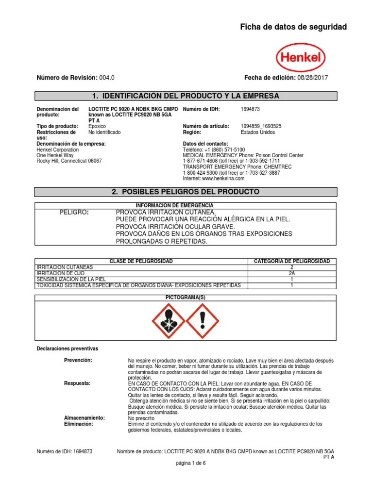MSDS Loctite PC 9020 Nordbak Backing Compound 50 Libras Epoxico Parte a