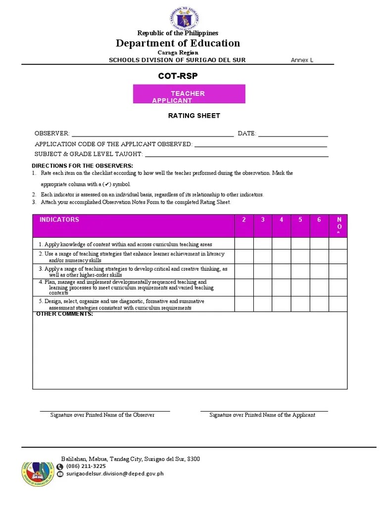 Annex L_COTRSP Rating Sheet PDF Curriculum Educational Assessment
