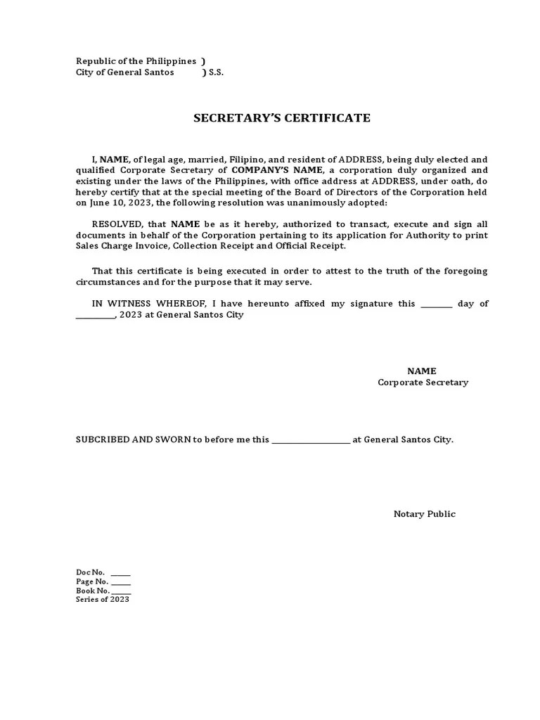 SECRETARY'S CERTIFICATE AUTHORITY TO PRINT PDF