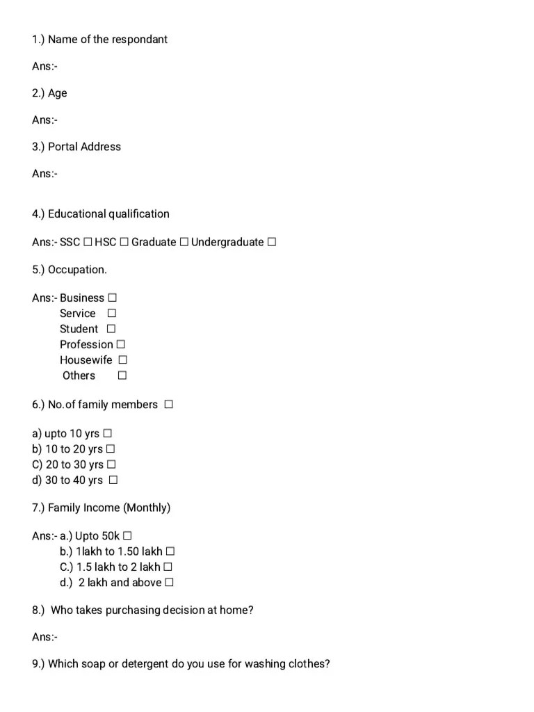 Questionnaire For Consumer Product PDF Soap Marketing