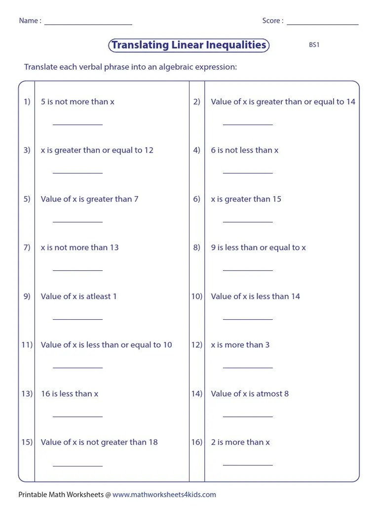 Translating Linear Inequalities Worksheet PDF