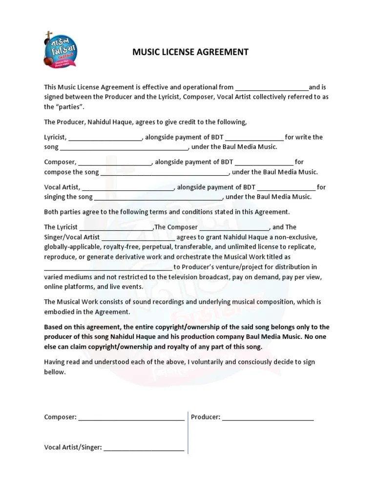 MUSIC LICENSE AGREEMENT PDF