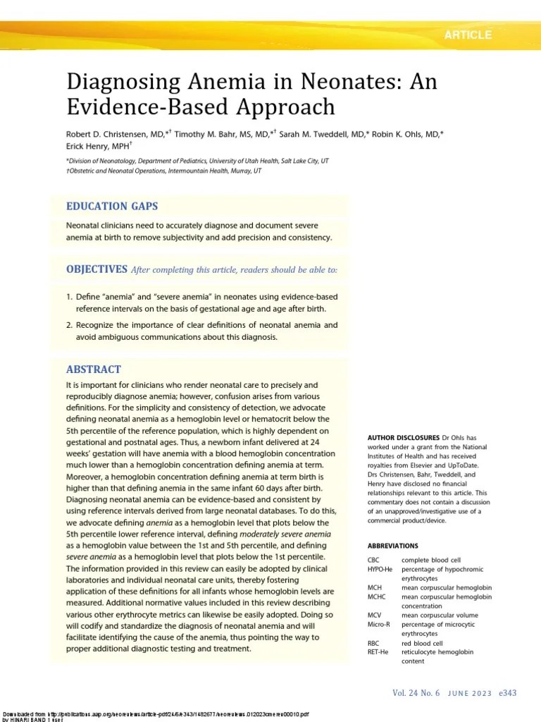 Diagnosing Anemia in Neonates An EvidenceBased Approach PDF Anemia