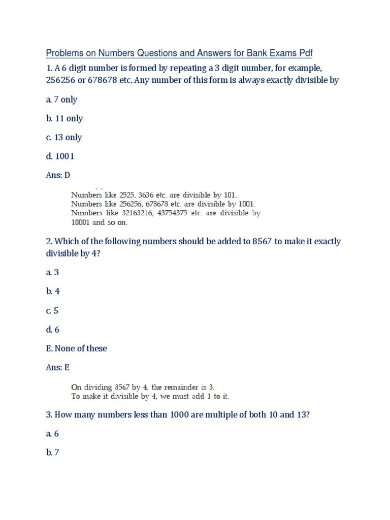 Problems Numbers Questions Bank Exams PDF