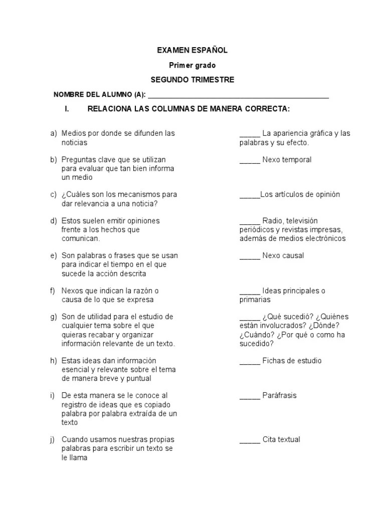 EXAMEN ESPAÑOL trim 2 PDF Ciencia cognitiva